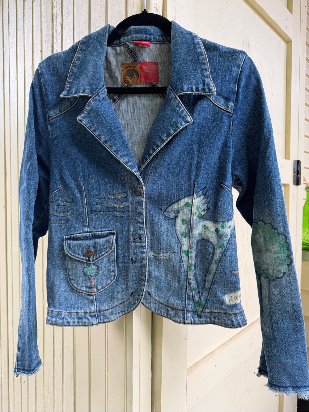 O'Neill Blue Denim Jacket with Hand-Painted Horse and Tree Motifs